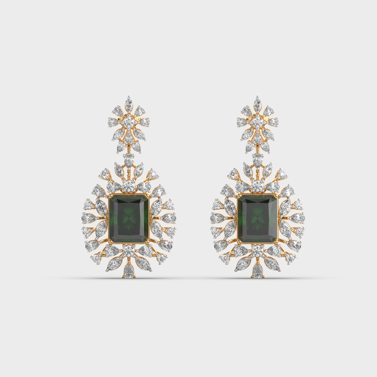Royal Green Stone Diamond Cluster Danger Earrings