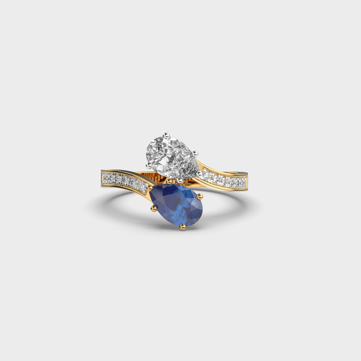 Duos Oval Diamond and Blue Stone Ring