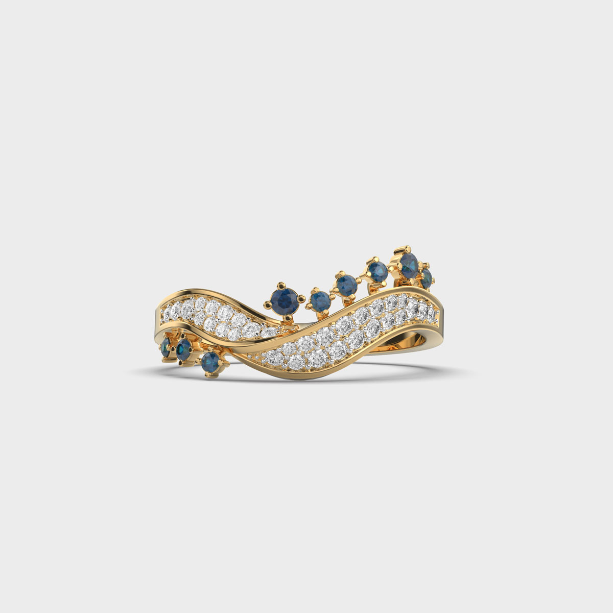 Wave Diamond Ring With Blue Stones
