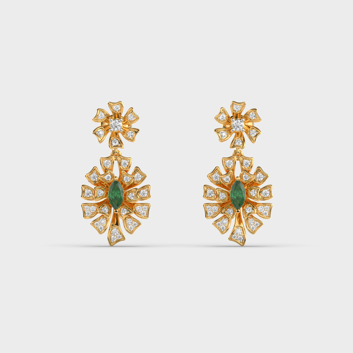 Regal Emerald Green Flower Diamond Earrings